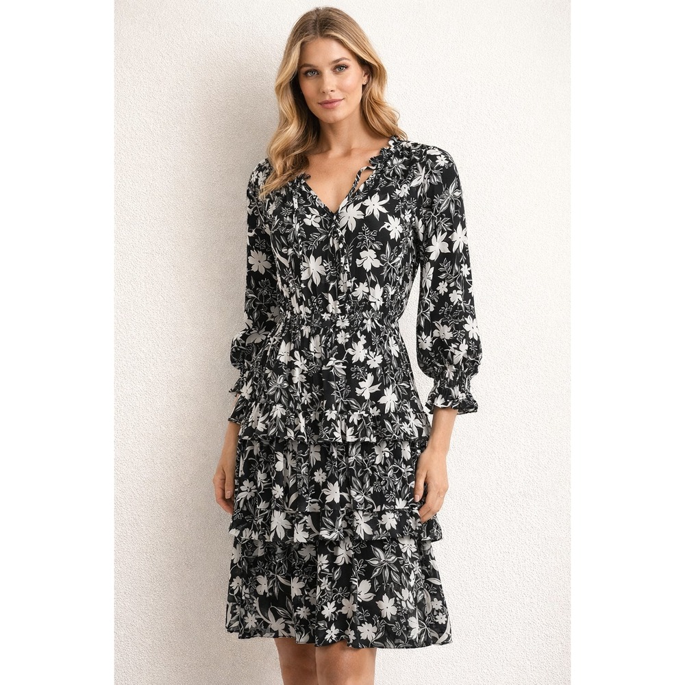 CUPSHE Black White Floral Peasant Dress Tiered Skirt Boho‎ Size L NWT